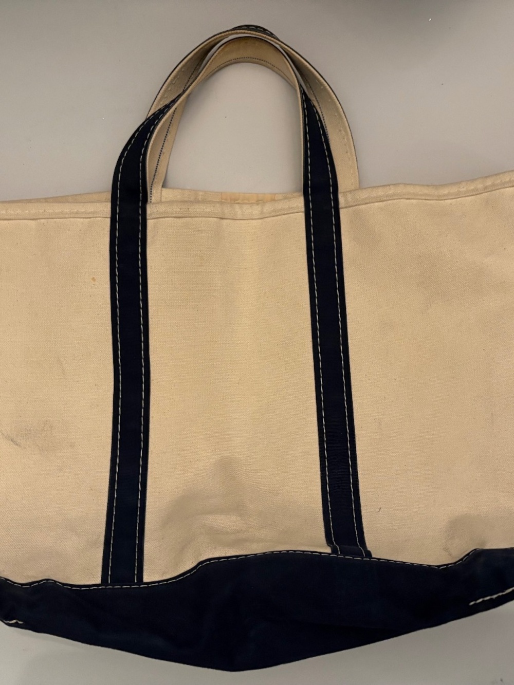 Authentic LL Bean Blue and Cream Canvas Boat Tote- Boat and Tote Tag, 1980